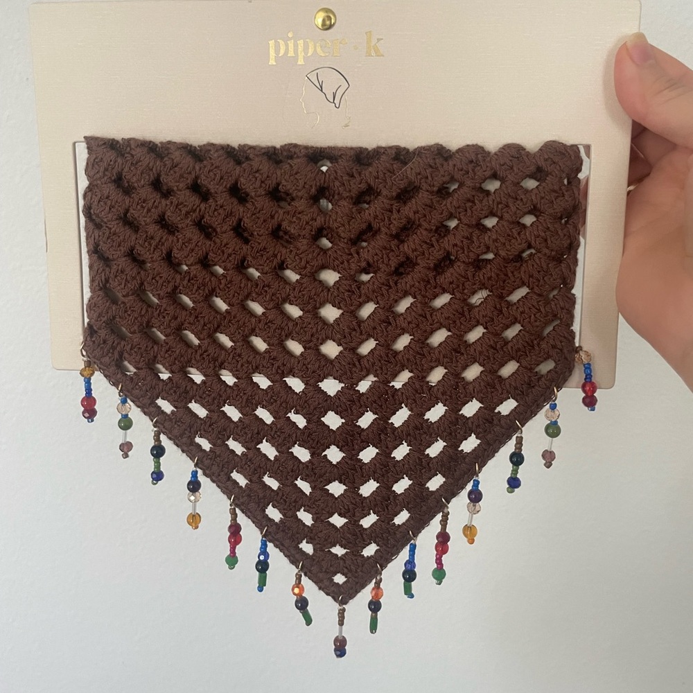 Piper Brown Crocheted Beaded Triangle Bandana